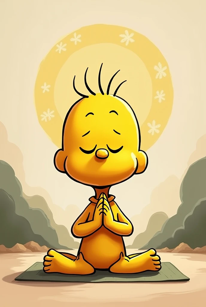 Animated design of Woodstock character, same as the fable, black outline and yellow Woodstock , doing yoga with a namaste background , make the head more like the character from the fable snoopy
