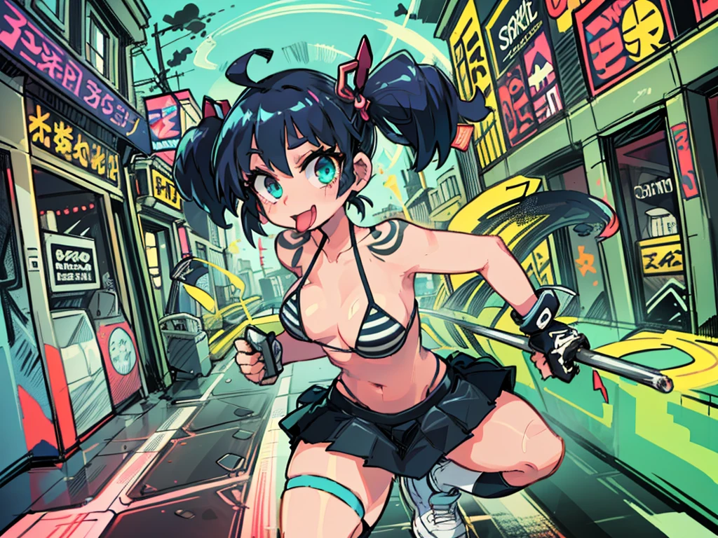 Comics Style,digital figure of beautiful female character, Anime Style, Futuristic tribal tattoo style design on body, (Very beautiful and lovely girl:1.1, Wink, Sticking out your tongue, Hime cut twin tails, Greenish black hair, Striped Bikini, mini skirt, Holding a large metal hammer with a gimmick, Dynamic movement, Thighs, Knee-high socks, sneakers), (Perfect detail:1.1), Very detailedアートワーク, Graffiti Style Destroyed City Landscape in Focus, (Beautiful and vivid background:1.2), ( Eyes and face with attention to detail:1.3), (Beautiful and vivid background:1.2), (Very detailed, Best Shadow:1.1),Exposing shoulders, (White Background:0.5), (figure :1.1), Great painting ,Graffiti Style , outside, Vibrant, high quality, sticker art, digital figure, Comic book style, Centered, Approaching perfection, dynamic, Very detailed, Concept Art, Smooth, Sharp focus, figure, dynamic, Very detailed