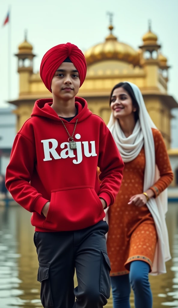 " A 16 YEAR PUNJABI BOY with A PUNJABI beautiful detail GIRL wear head on white handkerchief Punjabi kurti suit,smile , WEARING A RED TURBAN ,RED Hoodie ON WRITE BOLD NAME "RAJU", black cargo PANT, and holding and see his name which write chest in Punjab his body luck front of the camara , going to golden Temple, wide angle shot, RUN TO CAUGHT BUS,BACKGROUND BOLD NAME "RAJU" Neck In locket this letter "R"