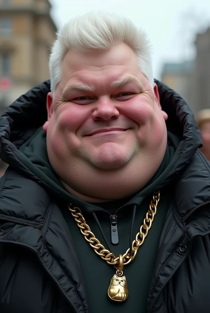 seen from the front make the fat face of a young man a little fat in 4K quality and short white hair combed to the side on top of the side of the head a gradient until bald, wearing a black winter jacket with oedra jewelry wearing a hood open over his head,wearing a gold necklace with a small cat on the pendant. as if parading