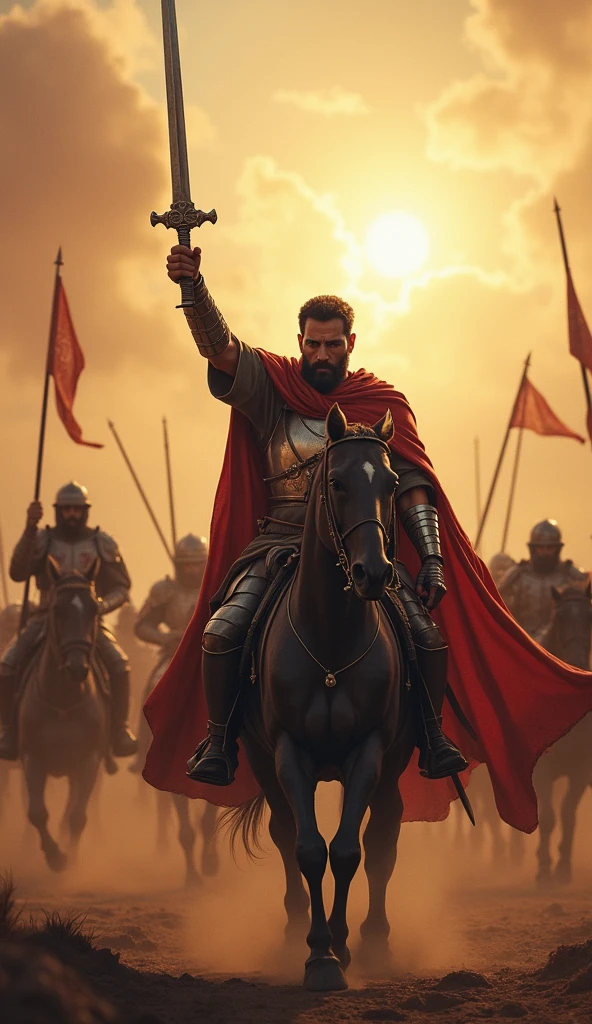 A dramatic, cinematic portrayal of Khalid ibn al-Walid, the 'Sword of Allah,' leading his troops into battle against a Byzantine army. The scene should show Khalid in the midst of the battlefield, with his sword raised high, and his troops rallying behind him. The colors should be rich and powerful.