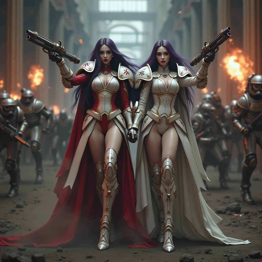 Masterpiece, Best Quality, Official Art, (Highly Detailed CG Unity 8k wallpaper), Detailed background, (Hands by Guido Daniele: 1.1). Full body pose sexy sisters of battle from the warhammer 40k, shooting at the enemy, white armor with intricate details, red armor with intricate details, religous symbols on the armor, sisters of battle, warhammer 40k, Massive silicone breast, pale skin, seductive, temptation, eat your soul, clevage, long flowing black hair with purple highlights, heavy gothic makeup, at night, neon, beautiful detailed eyes, beautiful detailed lips, extremely detailed eyes and face, long eyelashes, highly detailed armor, intricate futuristic weaponry, dramatic lighting, cinematic composition, muted color palette, gritty and realistic, mecha, science fiction, hyper-detailed, photorealistic, award winning digital art, 8k, HDR, masters work, in the middle of a battle field, full body combat action pose, explosions and fire around, full war, stunning, Stilleto heels, high heels, full body pose, cinematic, movie trailer, final stand!, nemesis, ready to strike, dust and debree, combat screams, attacking, shooting at the enemy, running forward, last line of defense, charging, fanatic, religious, templar knights, sisters of battle, warhammer 40k