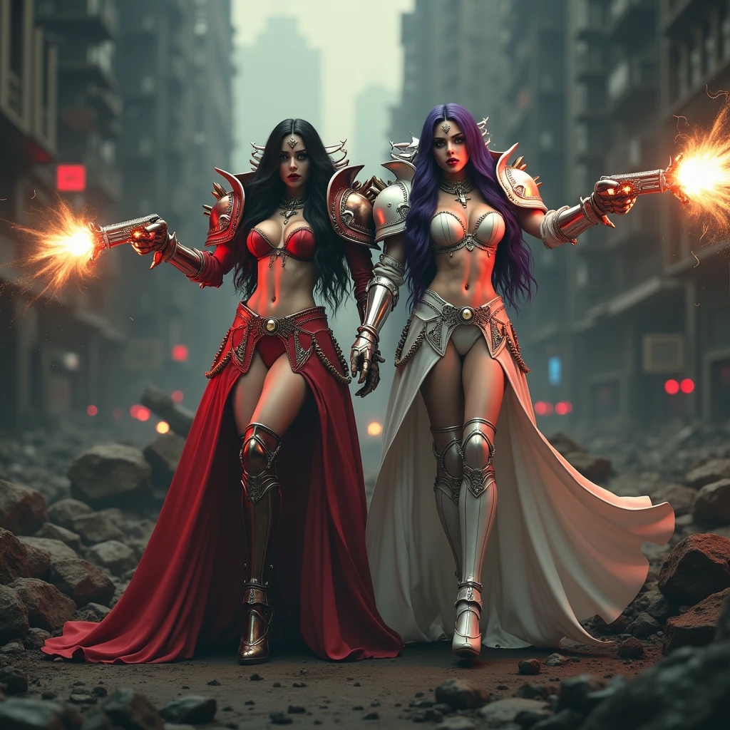 Masterpiece, Best Quality, Official Art, (Highly Detailed CG Unity 8k wallpaper), Detailed background, (Hands by Guido Daniele: 1.1). Full body pose y sisters of battle from the warhammer 40k, shooting at the enemy, white armor with intricate details, red armor with intricate details, religous symbols on the armor, sisters of battle, warhammer 40k, Massive silicone breale skin, seductive, temptation, eat your soul, clevage, long flowing black hair with purple highlights, heavy gothic makeup, at night, neon, beautiful detailed eyes, beautiful detailed lips, extremely detailed eyes and face, long eyelashes, highly detailed armor, intricate futuristic weaponry, dramatic lighting, cinematic composition, muted color palette, gritty and realistic, mecha, science fiction, hyper-detailed, photorealistic, award winning digital art, 8k, HDR, masters work, in the middle of a battle field, full body combat action pose, explosions and fire around, full war, stunning, Stilleto heels, high heels, full body pose, cinematic, movie trailer, final stand!, nemesis, ready to strike, dust and debree, combat screams, attacking, shooting at the enemy, running forward, last line of defense, charging, fanatic, religious, templar knights, sisters of battle, warhammer 40k