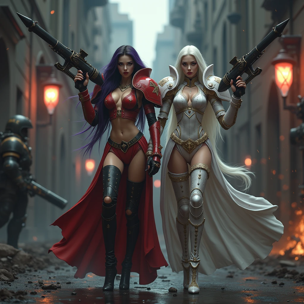 Masterpiece, Best Quality, Official Art, (Highly Detailed CG Unity 8k wallpaper), Detailed background, (Hands by Guido Daniele: 1.1). Full body pose sexy sisters of battle from the warhammer 40k, shooting at the enemy, white armor with intricate details, red armor with intricate details, religous symbols on the armor, sisters of battle, warhammer 40k, Massive silicone breast, pale skin, seductive, temptation, eat your soul, clevage, long flowing black hair with purple highlights, heavy gothic makeup, at night, neon, beautiful detailed eyes, beautiful detailed lips, extremely detailed eyes and face, long eyelashes, highly detailed armor, intricate futuristic weaponry, dramatic lighting, cinematic composition, muted color palette, gritty and realistic, mecha, science fiction, hyper-detailed, photorealistic, award winning digital art, 8k, HDR, masters work, in the middle of a battle field, full body combat action pose, explosions and fire around, full war, stunning, Stilleto heels, high heels, full body pose, cinematic, movie trailer, final stand!, nemesis, ready to strike, dust and debree, combat screams, attacking, shooting at the enemy, running forward, last line of defense, charging, fanatic, religious, templar knights, sisters of battle, warhammer 40k