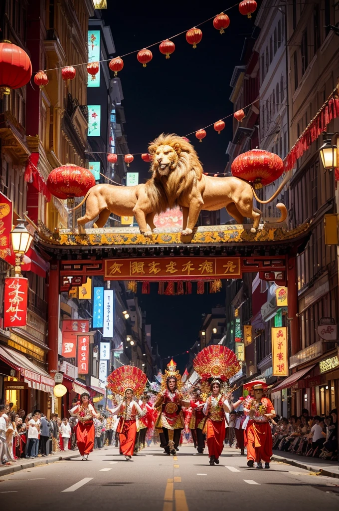 "A traditional Chinese festival parade showcasing various cultural performances and floats. The parade features elaborate floats adorned with flowers and traditional symbols, lion and dragon dances, and performers in colorful costumes. The street is lined with spectators, and festive banners and decorations enhance the celebratory atmosphere of the event."
