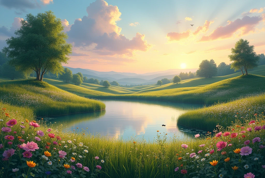 (best quality 16k, art:1.2), Ultra-detailed, (realistic:1.37), oil painting, impressionist style, a lake surrounded by fields with flowers, beautiful vegetation carefully crafted, on the horizon beautiful twilight, artistic interpretation of paradise, beauty of nature captured on canvas