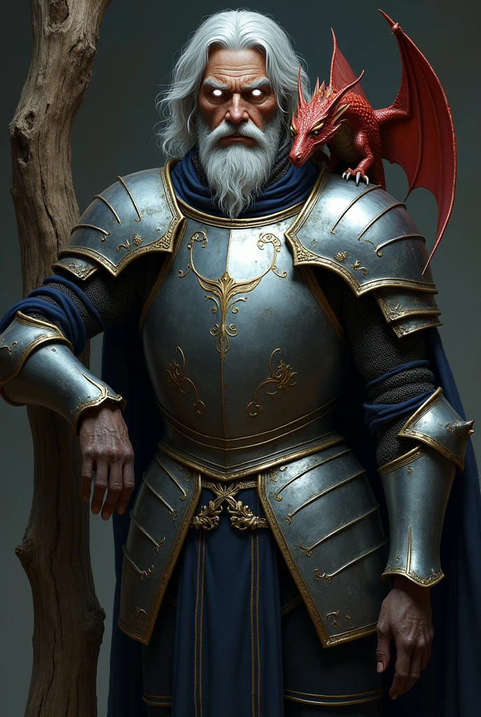 Middle-aged knight in plate armor, wide and bright, silver plated with gold filigree, covered by dark tattered fabric, head covered by dark, tattered hood, Dark skin, medium short silver hair, short silver beard, white eyes that emit light, leaning on a stick that looks like a tall branch, with a dwarf red dragon with wings on his shoulder