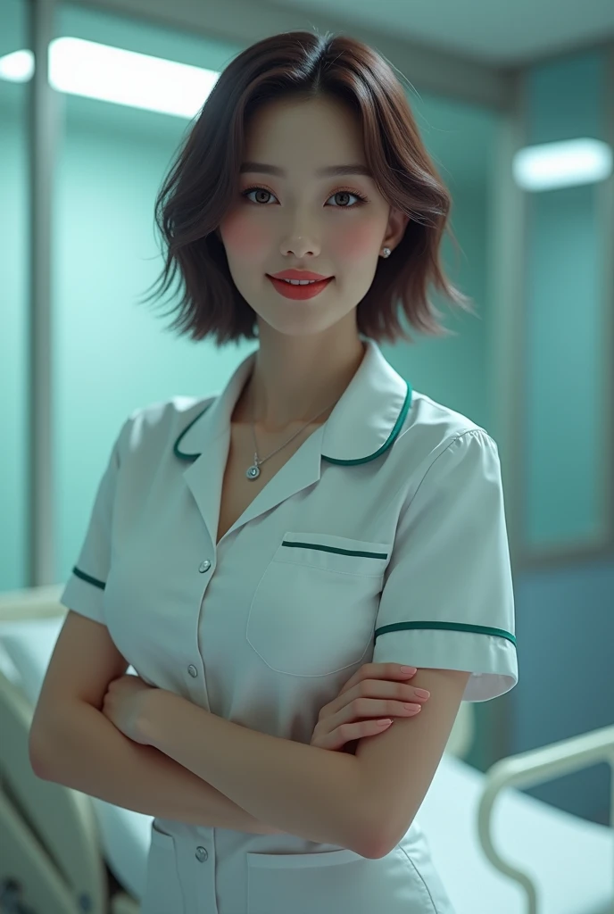 (1 The Ultimate Beautiful Mature Nurse)、Ultra detailed face、Detailed lips、Detailed eyes、double eyelid、((Brunette bob hair))、(Nurse uniform:1.3)、(Glamorous Body)、(Huge breasts)、smile、Thighs Thighs Thighs Thighs, Exactly, Perfect Image Realism, background: (Hospital patient room:1.2), Cowboy Shot, 细致background, Detailed costume, Perfect lighting、Hyperrealism、(Photorealistic:1.4)、Maximum resolution 8K, (masterpiece), Very detailed, Professional