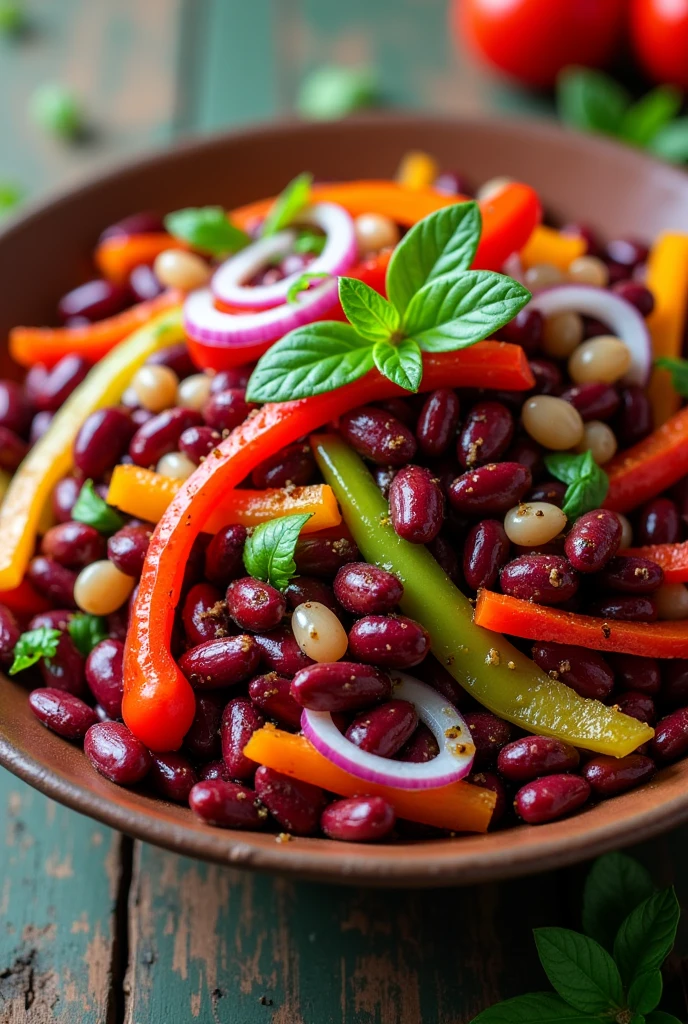 Create an image of this recipe: Roasted Bean and Pepper Salad Ingredients:
- Cooked red beans: 200 g - Red pepper: 100 g - Green pepper: 100 g - Red onion: 50 g - Olive oil: 15 ml - Red wine vinegar: 10 ml
- Sal: 5 g - Pepper: 2 g Preparation:
1. Roast the peppers in the oven at 200°C for 20-25 minutes, until the skin is burned.
then, peel and cut into strips.
2. Wash and cut the onion into thin slices.
3. In a large bowl, Mix the beans with the roasted peppers and onion.
4. In a small container, Combine the olive oil with the vinegar, salt and pepper.
5. Pour the dressing over the salad and mix well..
6. Serve cold or at room temperature.