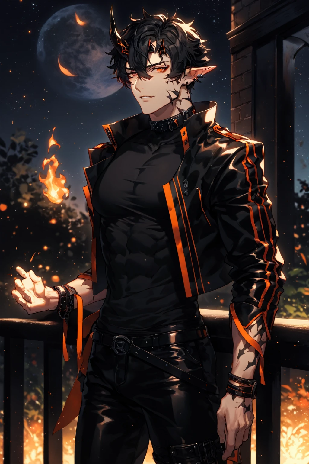 absurdres, highres, ultra detailed, HDR) master piece, best quality, extremely detailed, detailed face, detailed eyes, delicated features, Flamebringer, black hair, expressive orange eyes, Arknights, solo, sexy man, handsome, toned, sensual, manly man, black horns, slightly pointed ears, black marks on the face, cropped leather jacket with orange patterns, tight turtleneck shirt, collar, black leather pants, night, garden, red flowers, fantasy, magical, moon, starry sky