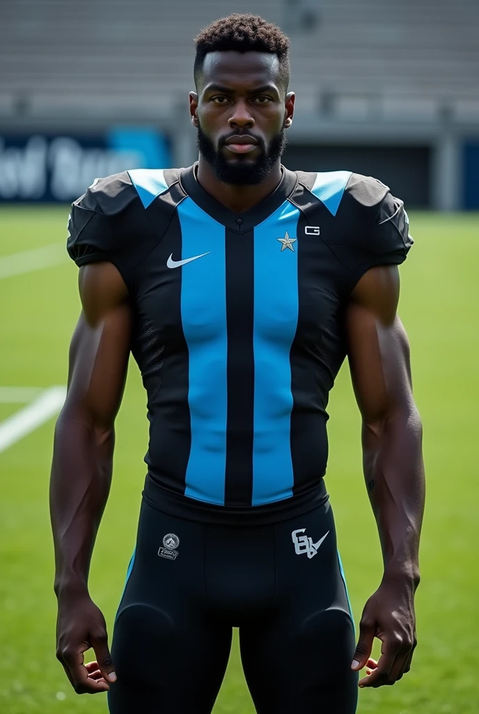 Create a football uniform in a predominantly black color with cyan blue stripes
