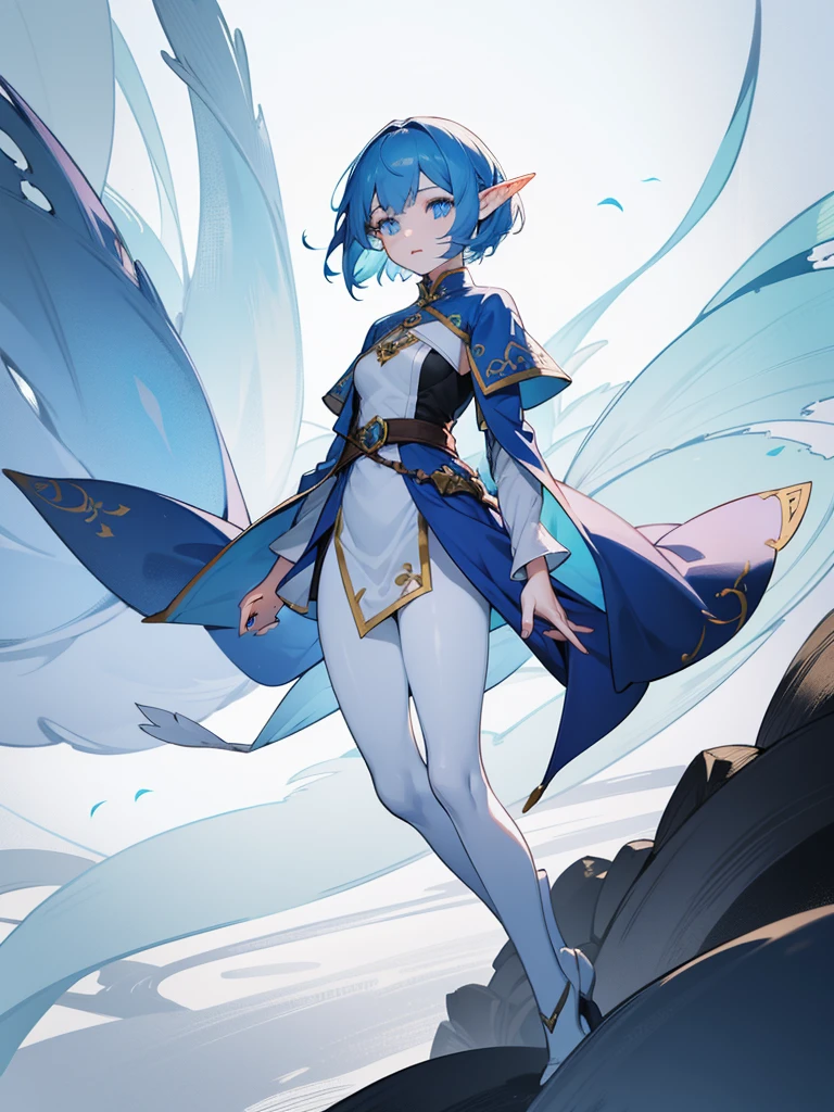 detailed, 1girl,detailed face,elf,short blue hair, dark blue eyes,elf, pale skin,fantasy,fullbody,wind