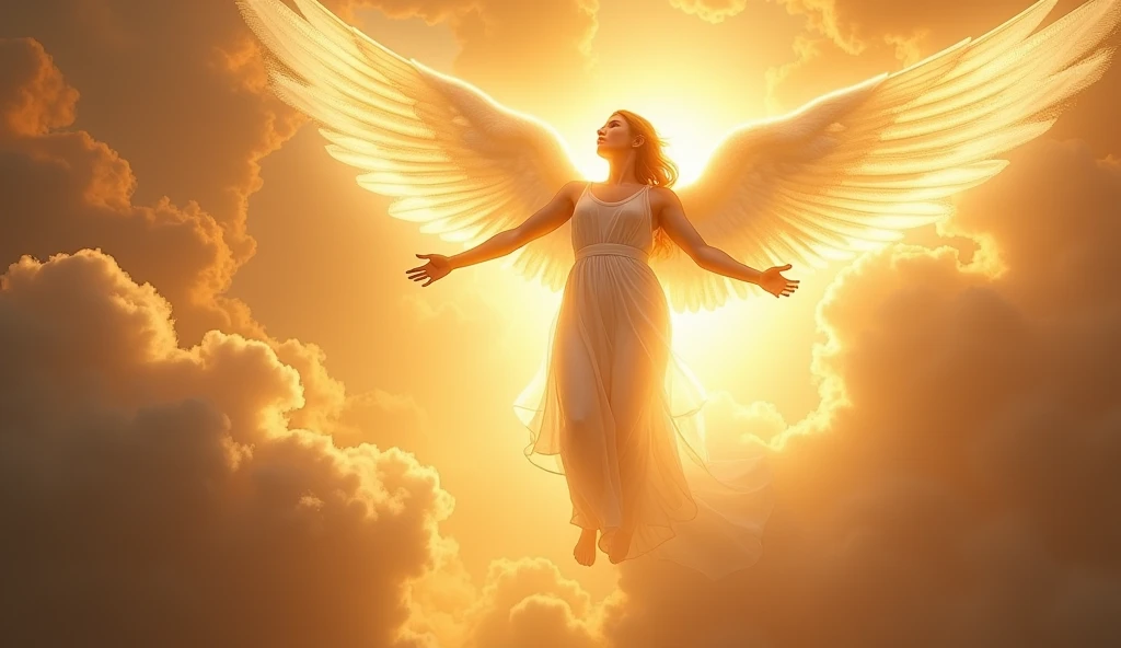 Create an ultra-realistic image of Archangel Raphael, the divine angel of healing, descending with a powerful, radiant light. He is surrounded by an ethereal glow, his wings vast and majestic, exuding a warm, golden aura. His gentle hands are extended, touching the person in need of healing, and as his light touches them, you can see the visible restoration of health: the body rejuvenating, pain dissipating, and peace washing over the mind. The background is heavenly, filled with soft, glowing clouds and a serene atmosphere. Archangel Raphael's expression is one of compassion and unwavering strength, symbolizing the materialization of perfect health and the gratitude for the healing taking place.