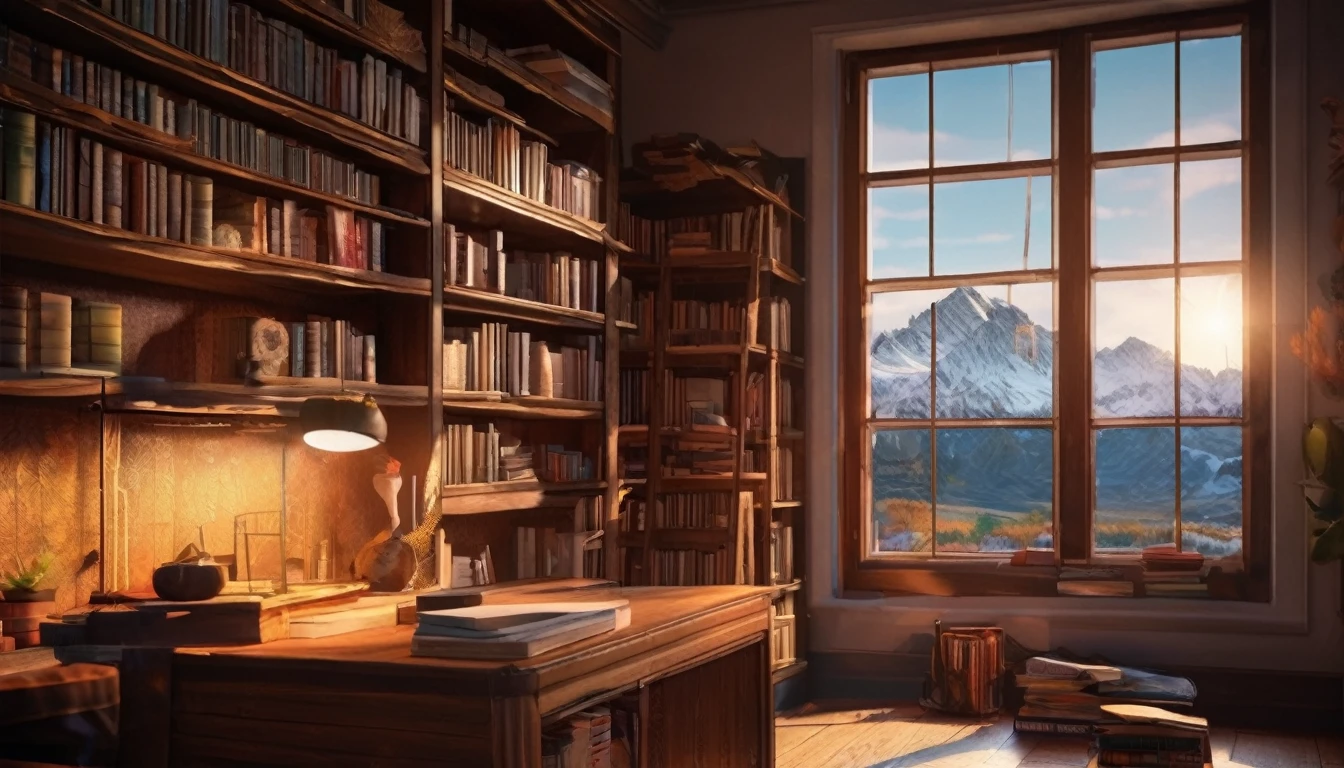 a bookshelf in a study room,snow covered mountains outside the window,sunlight streaming through the window,detailed interior, dramatic lighting,moody atmosphere,warm colors,photorealistic,highly detailed,8k