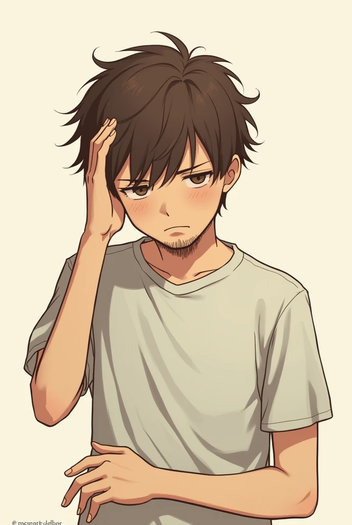 A manga style drawing, of a boy with brown hair and a thin brown beard with a shy expression, putting one hand on your head and the other on your waist