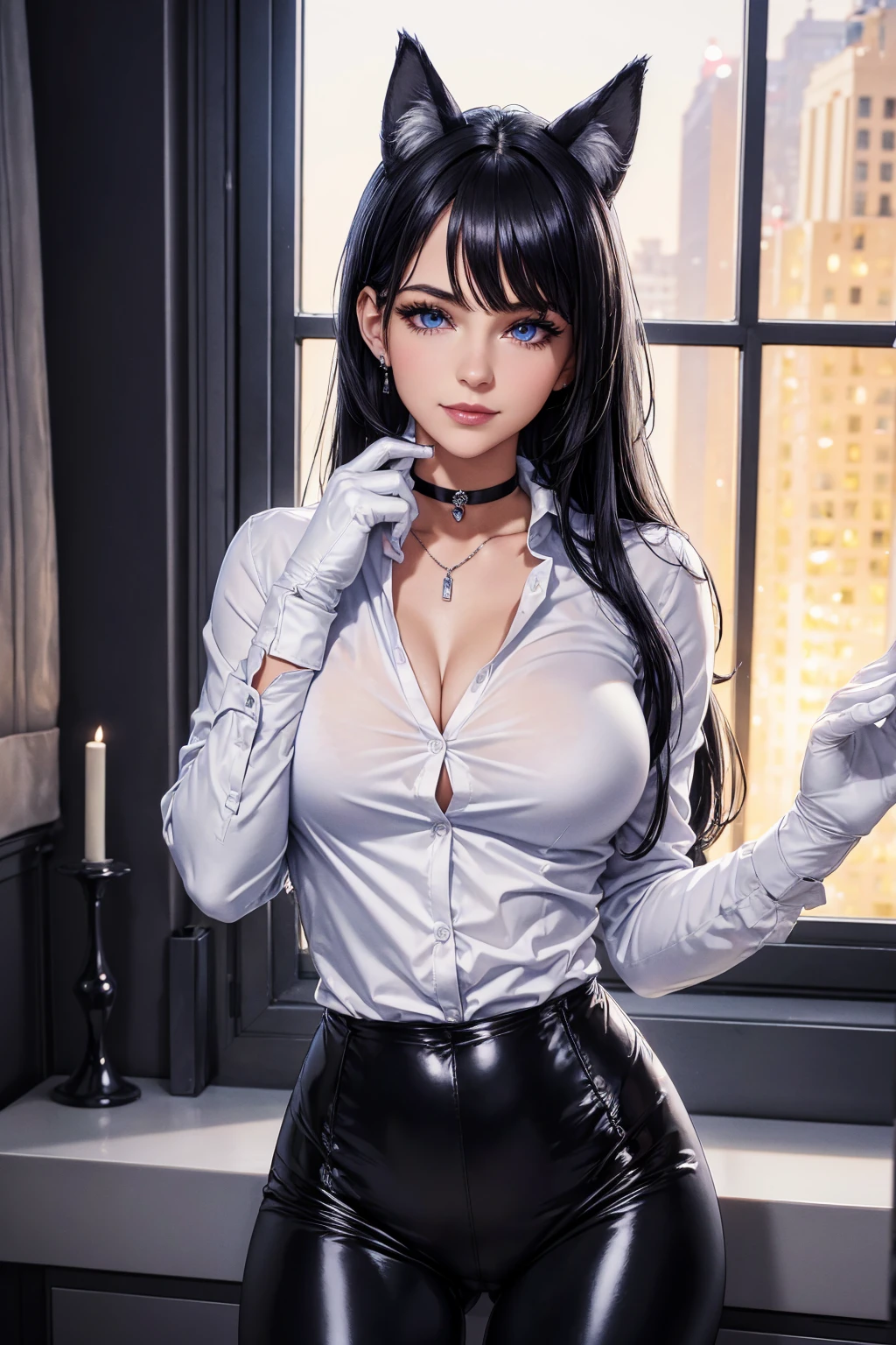 masterpiece, Superior image quality, High resolution, 4k image,photo and gross, photorealistic, whole body, 1 girl, sitting on a sofa, holds a glass of wine, big breasts, beautiful face, wolf ears, long black hair, blue eyes, very detailed eyes, seductive expression, draw smile, choker:1.6, (white long sleeve button down shirt with white collar), black gloves, gloves that cover hands, (black leather corset), (shiny black leggings), Sensual Lips, show details in the eyes, View from the front, Elegant room, at night