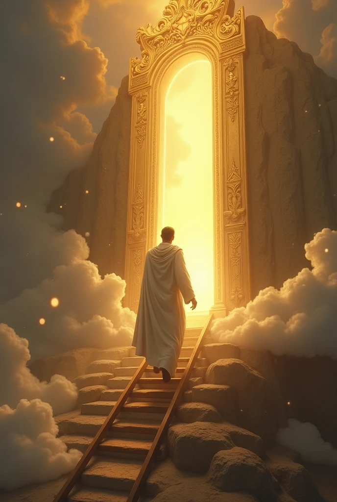 man climbing the ladder to the gate of heaven where the Holy Spirit is 