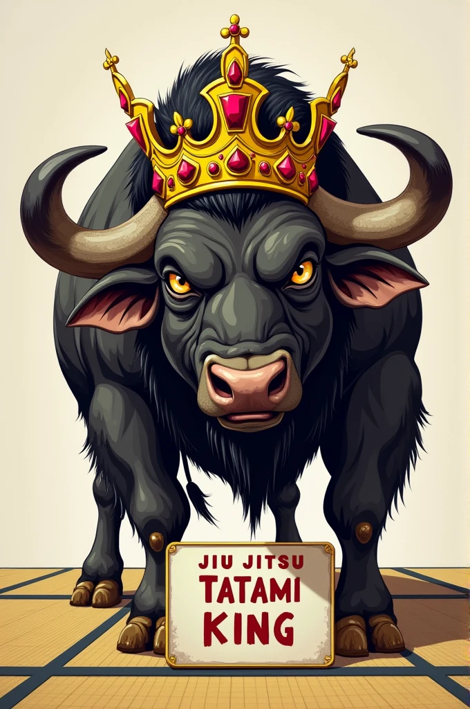 Drawing of an aggressive buffalo with a king's crown on a tatami mat with a sign that says Jiu Jitsu tatami king