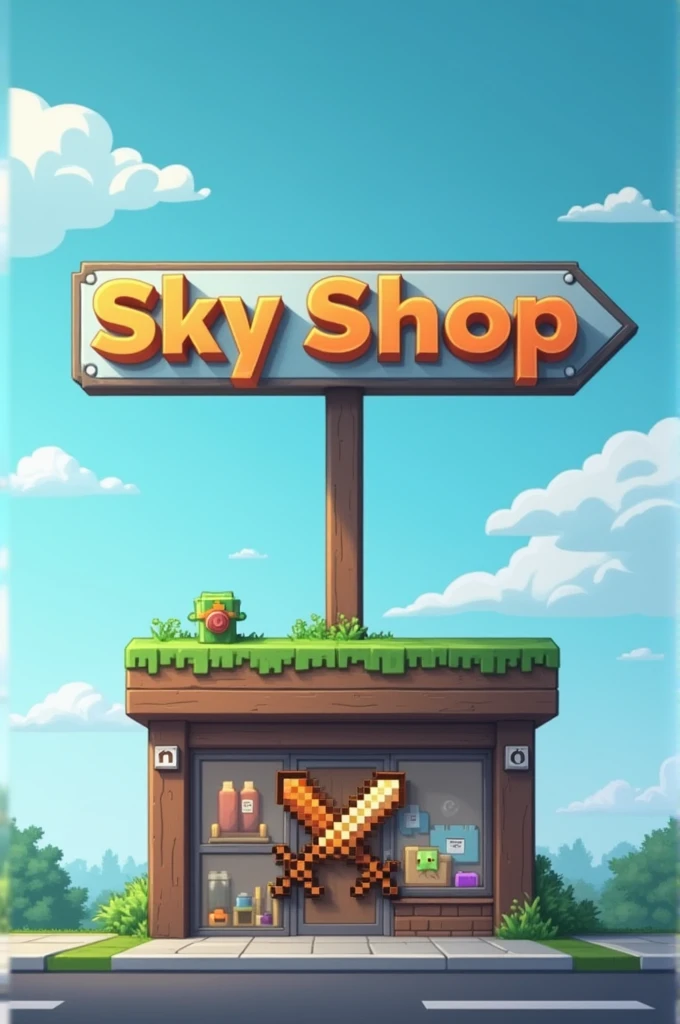 Il doit y avoir marqué en gros Sky Shop . En arrière plan un ciel claire avec peu de nuage . En dessous de l'écriture,il doit y avoir un magasin qui a pour logo une épée Minecraft Orange et une pioche Minecraft Orange qui se croisent