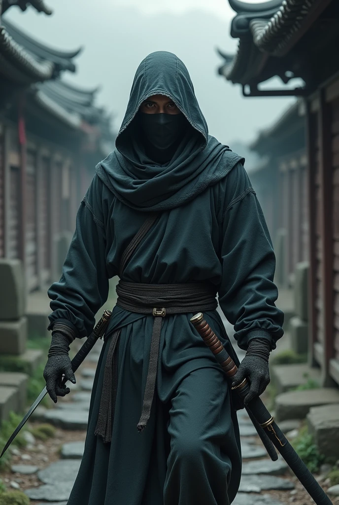 Camouflaged, Ninja-like, Man with hood, in medieval style with katana sword and throwing knife