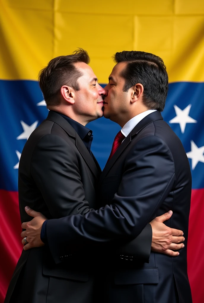 A photo of Elon Musk kissing Nicolás maduro with the Venezuelan flag in the background