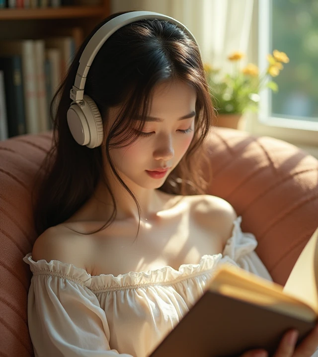A beautiful girl is reading and listening to music with headphones on her ears