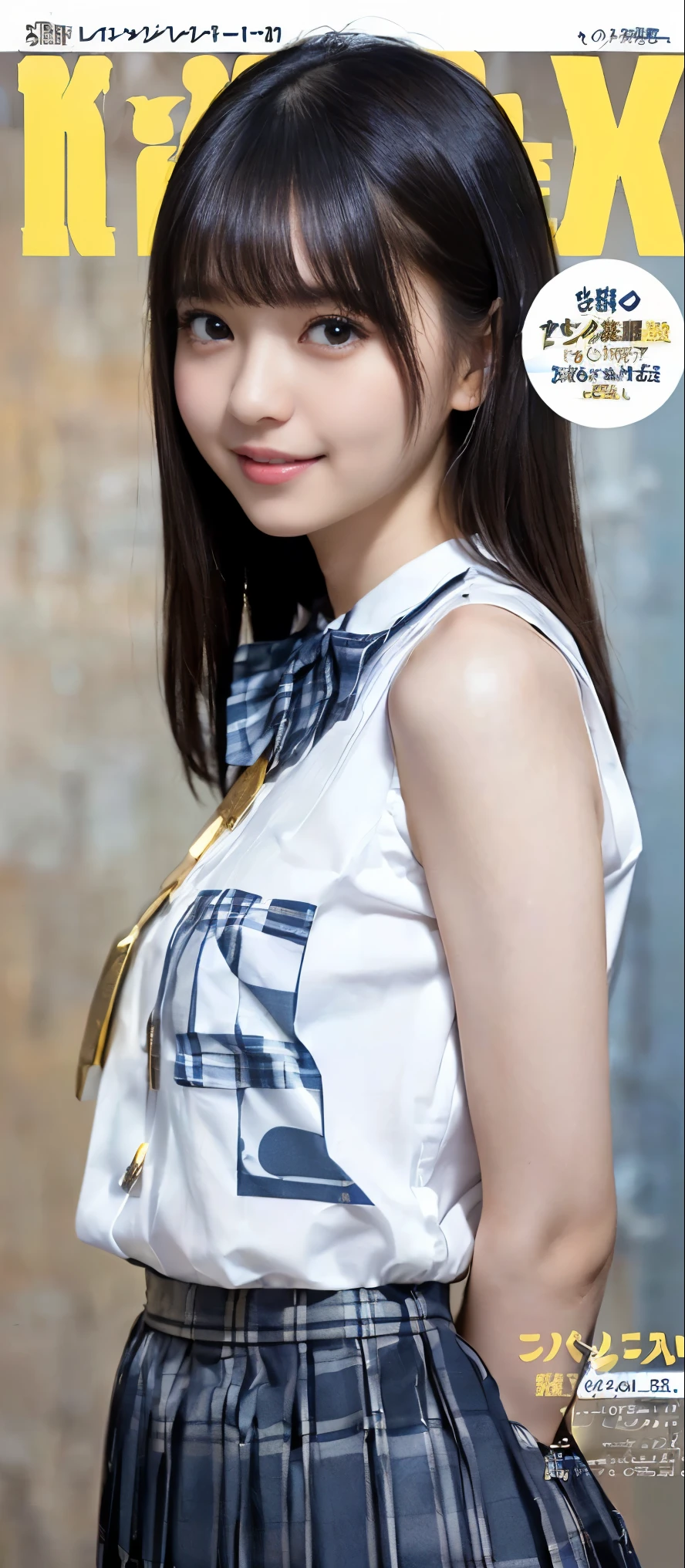 (Highest quality, masterpiece:1.2), Highest quality, Realistic, photograph, High resolution, 1080P, 8k, Physical Rendering, ((height: 155cm、Slim and slender style、medium firm chest)), ((((((Beautiful fashion models featured in Japanese fashion magazines。、Look directly at the viewer)))))), (((big, Very fine, Beautiful dark brown eyes))), ((((Everyone loves me、They are Laughter at me.!)))), Detailed fingers, (((length, Curled bangs))), ((((Very noble and cute eyes, Every detail is carefully drawn)))), ((double eyelid)), (((length eyelashes))), ((cute、Adorable、Adorable、Laughter、Laughter頬)), ((Pure white light hits my nose and cheeks. Her bare eyes and white skin are beautifully white...(((((No makeup))))))、 (((((Her face is very expressive、With a noble smile。, so sweet, very smart))))), ((((A striking plain navy large school ribbon bow tie)))), ((((A very beautiful long black hair fluttering in the wind)))), (((((((She rolled up her formal long pleated skirt, Blue and navy tartan check,))))))), ((((The size is a bit small、She lifted up her white sleeveless shirt with a gold emblem on it., She shows off her beautiful small breasts.、Upper body nude)))), ((As elegant as a noble princess)), ((Girls exposing their breasts in the classroom)), ((from before, Create striking images..))