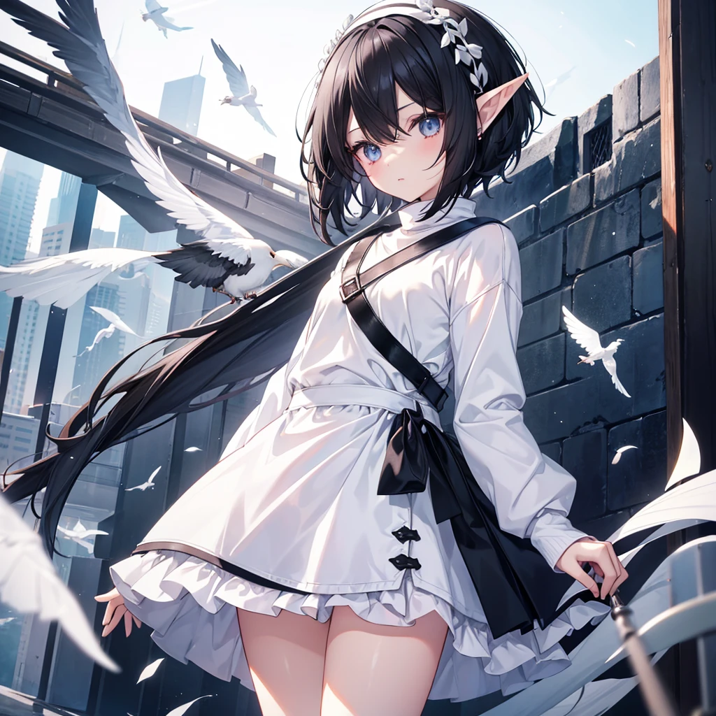 an extremely white character, with short black hair, black color asian eyes too, fly away, shorth hair, elf ears, dainty, wears a super cute and warm white sweatshirt, with dollcore style