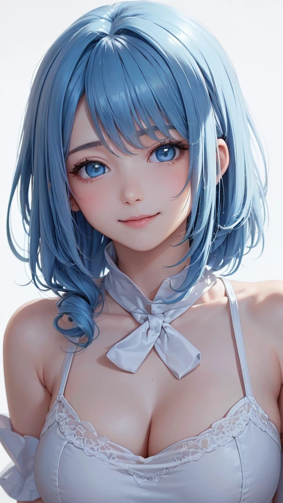 Best Quality,High resolution,8k,(plain white background, no patterns, no textures, just a plain white background:1.3),Masterpiece:1.2),beautiful girl,Big Breasts,(Shiny light blue hair:1.3),messy hair,Beautiful light blue eyes,Gentle look,A refreshing look,smile,Oversized shirt,Best quality,Best Quality,Aesthetic and aesthetic:1.2,Best details((Super detailed))(High-definition CG illustrations),Slender body,smile,blush,cute,Scrounge,Looking up,Being spoiled,super model, wariza, sit