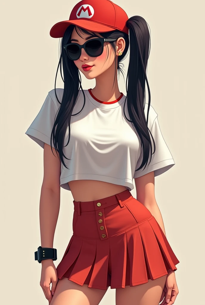 A picture of me with black sunglasses, a Mario Bros cap and my outfit is a short t-shirt and a skirt, long black hair, fitness watch and two ponytails