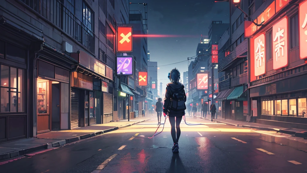 Create a high-quality anime-style scene of a quiet city street at night, with glowing neon signs and dim streetlights. The scene should include a person walking with headphones on, immersed in the cityscape. Capture the calm, reflective mood with detailed lighting and urban elements.