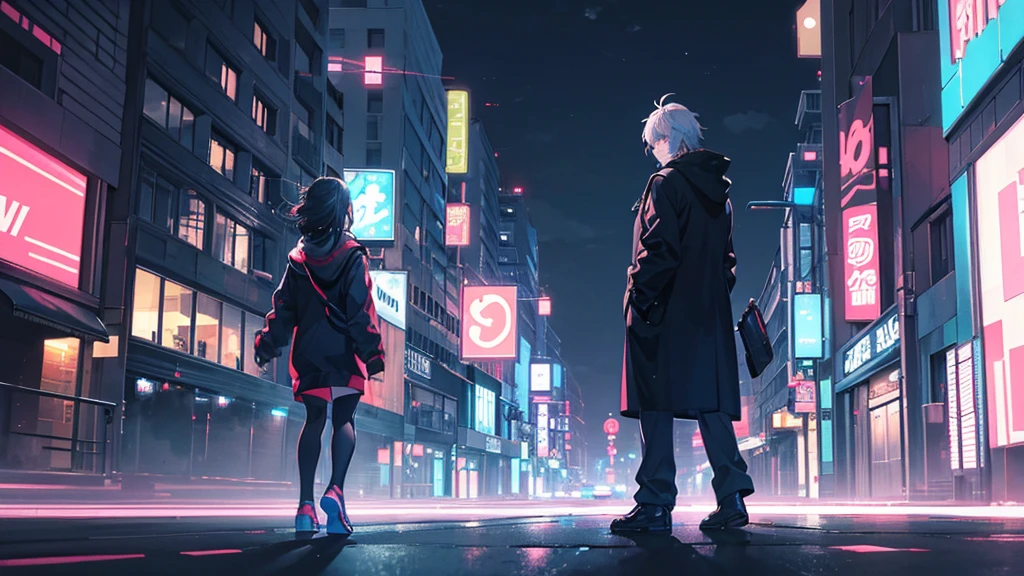 Create a high-quality anime-style scene of a quiet city street at night, with glowing neon signs and dim streetlights. The scene should include a person walking with headphones on, immersed in the cityscape. Capture the calm, reflective mood with detailed lighting and urban elements.