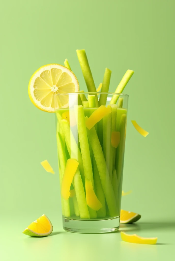 glass full of green mango chopped into strips, that is bouncing with a lot of mango and finally a slice of lemon