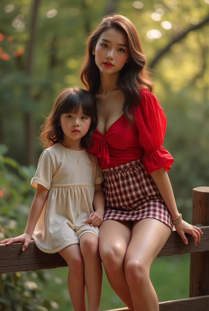 ( masterpiece), (High details), (4k), A woman and a girl sitting on a fence, with a red blouse and a plaid skirt, pretty face with arms and legs, beautiful model, innocent look. rich vivid colors, cute woman, beautiful showy, showy, lorena avarez, chica sexy, nice legs, by Felipe Device, beautiful short skirt, hot , nice legs, beautiful, showyly