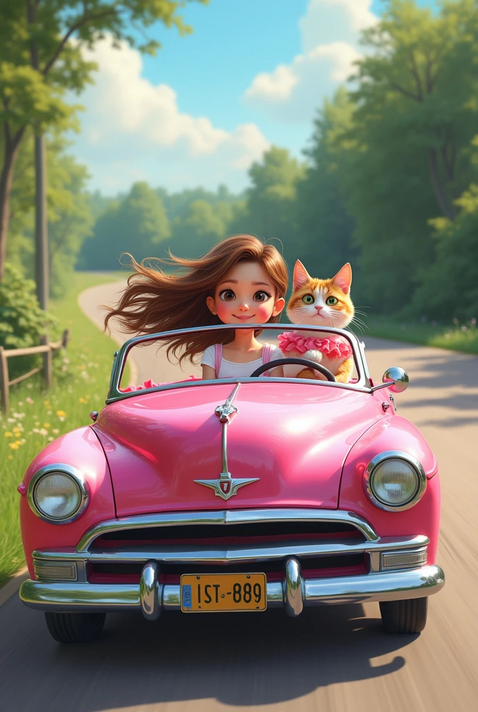 A girl that is driving a pink car. She has a cat that is wearing a tutu