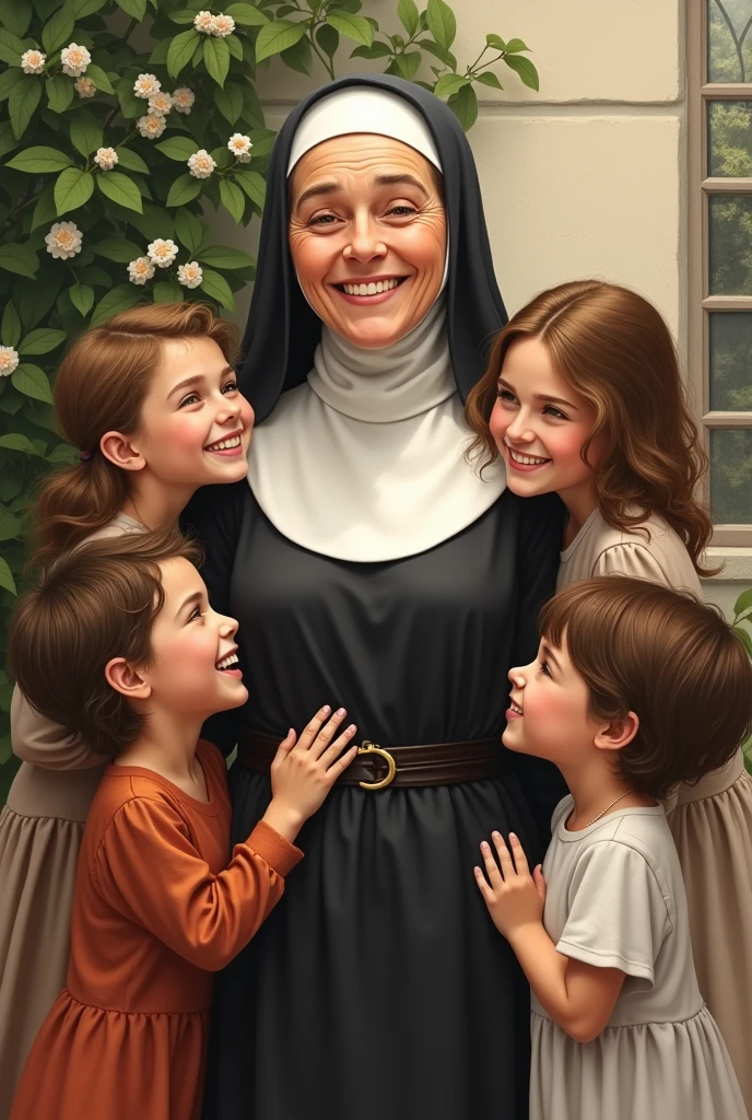 Drawing of Mother Clara of the Heart of Mary happy with children is a nun