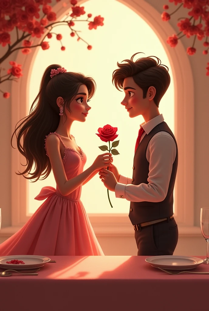 Beautiful girl seting on a table young boy prpose a girl with beautiful rose and the girl name is Arooj and the boy name is Zesshan mention on dresses 