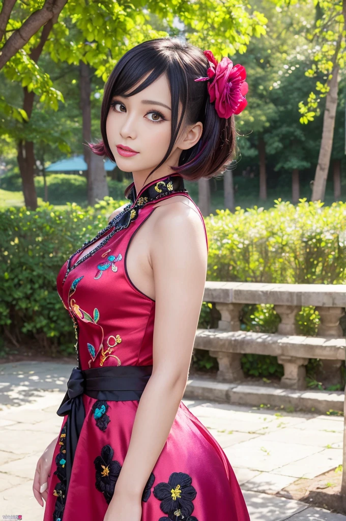 (masterpiece:1.4), (best quality:1.4), ultra high res, ultra high resolution, ((detailed facial features)), HDR, (realistic, photorealistic, photo-realistic:1.37), full body Esbian, y Vietnamese model, (-anime), vivid colors, ((vivid colors multicolor (red, fuchsia) very short hair)), (happy smile), lip-gloss, long lashes, ultra detailed metallic makeup, defined eyebrows, wearing large sparkling colorful jewelery, (wearing a red silk Paradise Kiss cosplay dress with black floral embroidery), ((vivid colors outfit)), vivid colors, look at the camera, cinematic light, large park background with trees, sweet and sexose