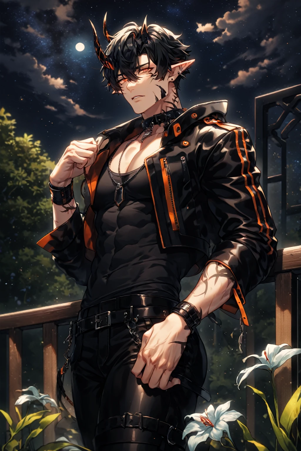 absurdres, highres, ultra detailed, HDR) master piece, best quality, extremely detailed, detailed face, detailed eyes, delicated features, Flamebringer, black hair, expressive orange eyes, Arknights, solo, sexy man, handsome, toned, sensual, manly man, black horns, slightly pointed ears, black marks on the face, cropped leather jacket with orange patterns, tight turtleneck shirt, collar, black leather pants, night, garden, red flowers, fantasy, magical, moon, starry sky