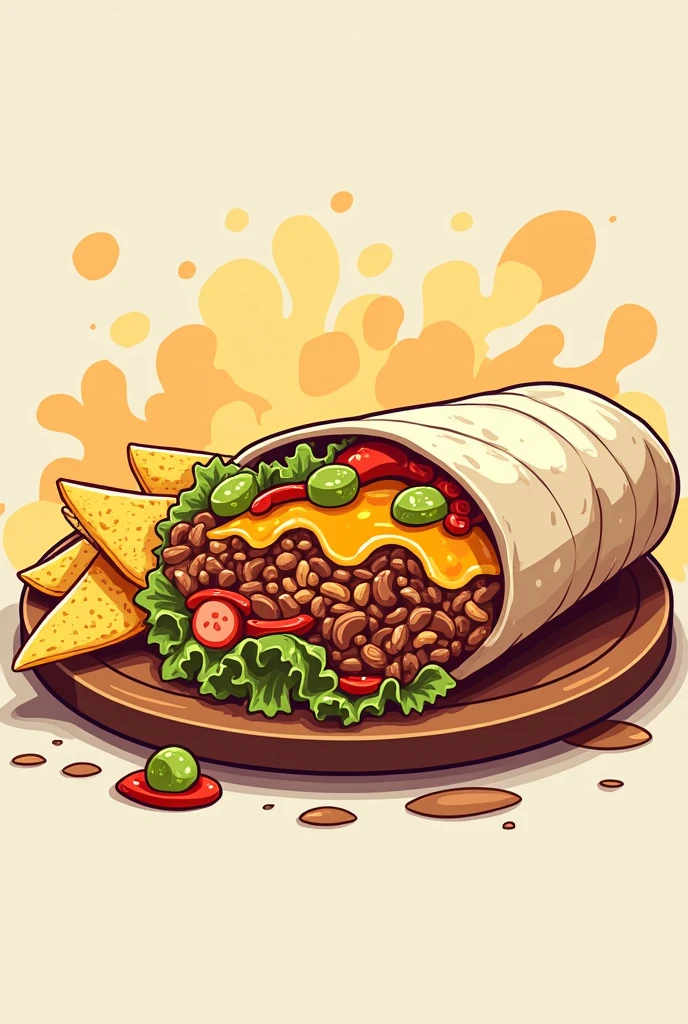 an image of a Mexican food that is the burrito with nachos that is eye-catching for a logo but in illustration that the nachos go on the sides that it has more ingredients the most attractive and appetizing taco that the ingredients inside look better inside that the burrito is big that it is not on a plate that it is with an illustration not so realistic because it is to put as a company logo but that it does attract attention that the burrito only one is big that it is on its side that the cheese, the meat, the rice and sauces are visible that are noticeable not so much meat it does not look good what is normal that it is closed