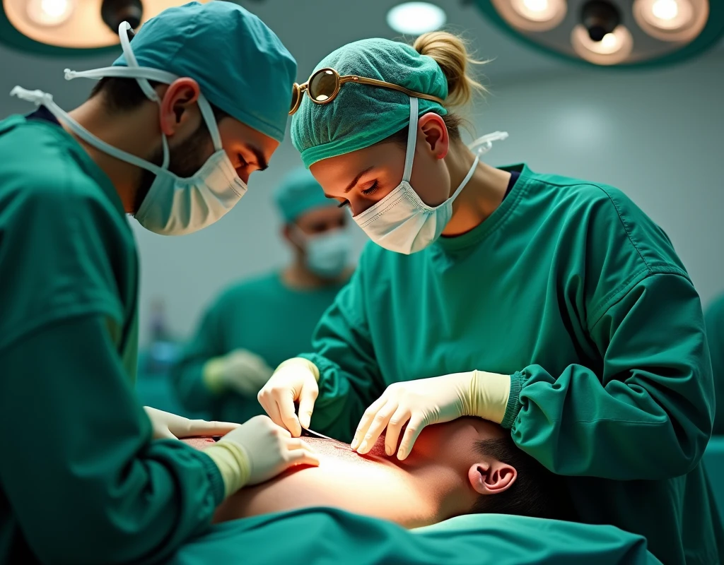 Britney Spears as heart surgeon, wearing green scrubs, wearing surgical mask and skull cap, wearing surgical glasses, performing heart surgery on male patient, in operation theatre, fullbody view, cutting the chest with scalpel,
