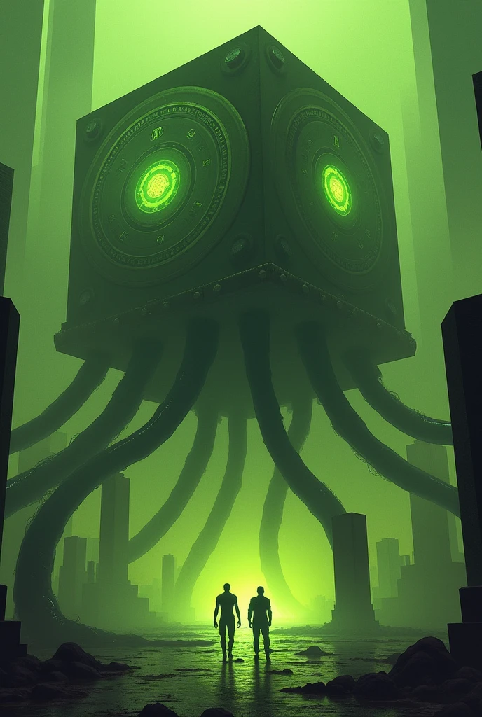 A gigantic floating cuboid structure with dark, twisting tentacles, radiating an intense green light from the circular patterns and eyes with illuminated symbols embedded in their faces. The scene has a dark and futuristic atmosphere., with a greenish-yellow lighting that envelops the entire space, full of geometric shapes and blocks suspended in the air. Two tiny, zombified figures appear to be wandering in front of this monstrous entity., highlighting its colossal scale. The atmosphere is oppressive and mysterious., as if the place were a prison or a temple of some cosmic deity. The style is a combination of science fiction and cosmic horror, with intricate details and a sense of alien grandeur.