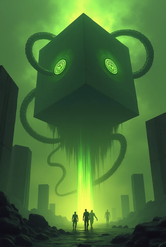 A gigantic floating cuboid structure with dark, twisting tentacles, radiating an intense green light from the circular patterns and eyes with illuminated symbols embedded in their faces. The scene has a dark and futuristic atmosphere., with a greenish-yellow lighting that envelops the entire space, full of geometric shapes and blocks suspended in the air. Two tiny, zombified figures appear to be wandering in front of this monstrous entity., highlighting its colossal scale. The atmosphere is oppressive and mysterious., as if the place were a prison or a temple of some cosmic deity. The style is a combination of science fiction and cosmic horror, with intricate details and a sense of alien grandeur.