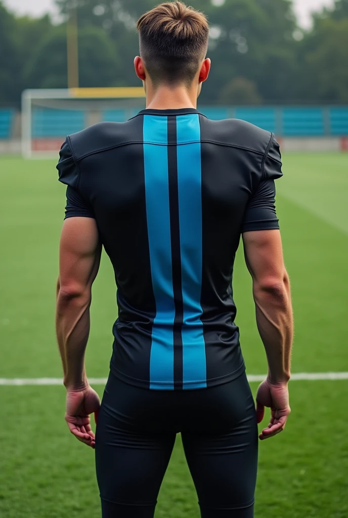 Create a football uniform in a predominantly black color with cyan blue stripes