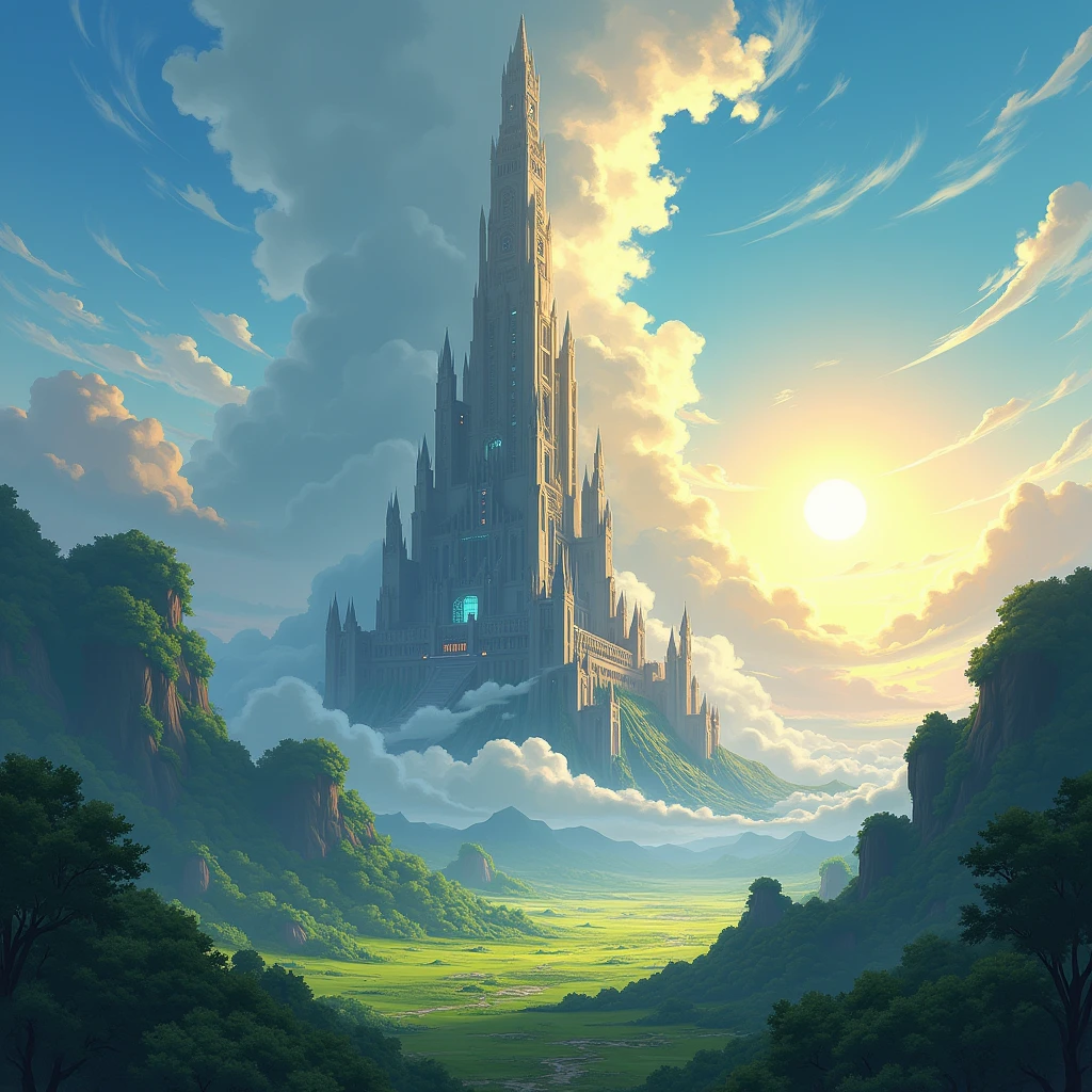 art drawing anime, field covered in trees just behind a huge tower reaching the sky with clouds and a sun