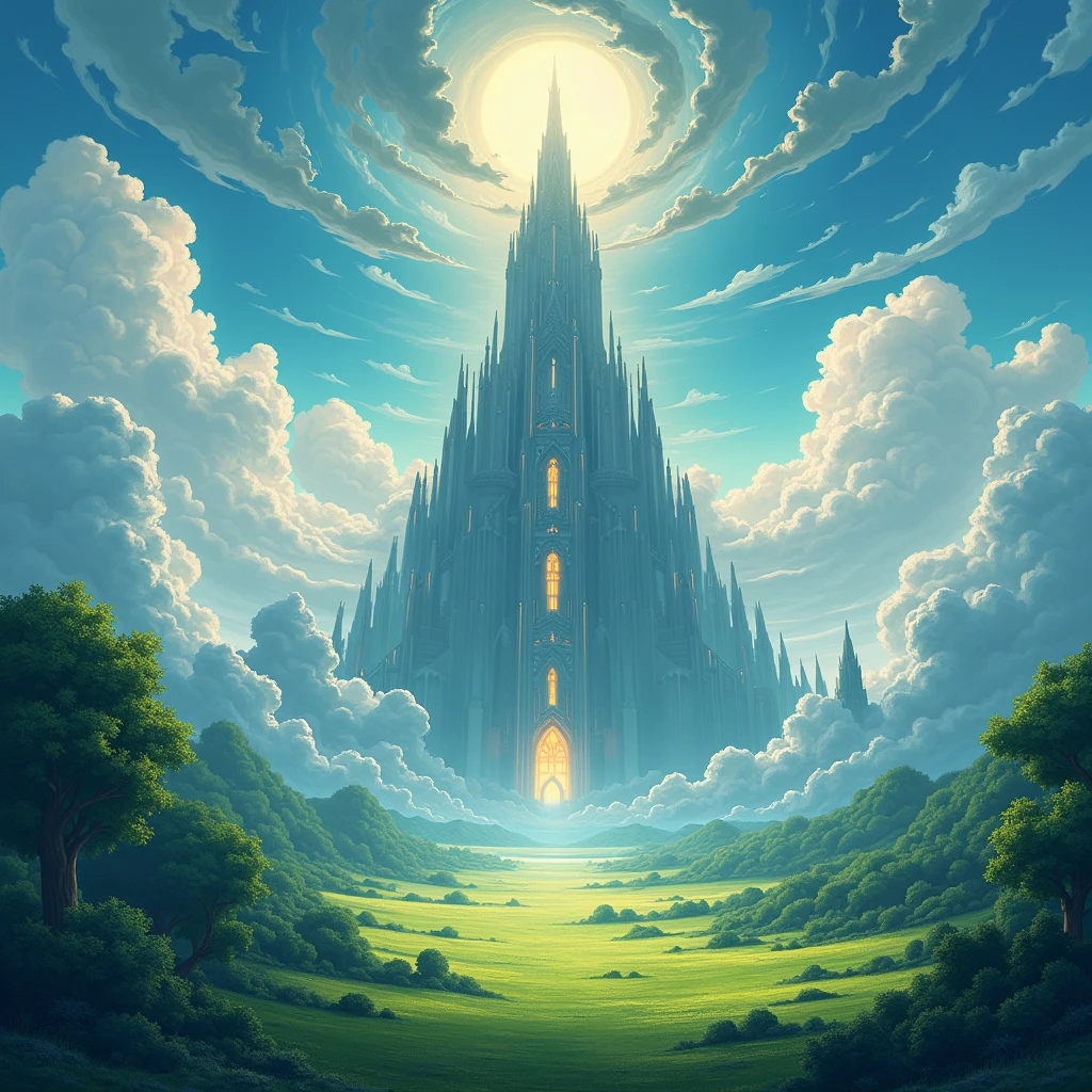 art drawing anime, field covered in trees just behind a huge tower reaching the sky with clouds and a sun