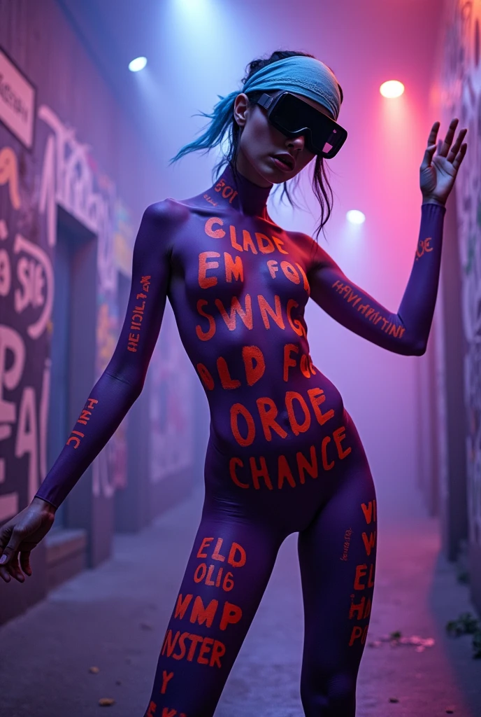 A striking and edgy next-gen punk female character is brought to life in this futuristic, cinematic-style photograph. The subject is covered inpurple body paint, featuring bold orange, letter or old symbols or words as body art, and geometric patterns of varying sizes on their face and body. Their eyes are hidden behind black goggles, and a lightblue bandana adorns their head. The dramatic lighting and bold color palette emphasize the character's striking appearance, while the surrounding architecture and graffiti-filled walls create a dark fantasy atmosphere. This captivating image is a testament to the fusion of fashion, architecture, and conceptual art, making it a truly unique and visually stunning piece., fashion, architecture, graffiti, vibrant, conceptual art, poster, cinematic, dark fantasy, bodypaint letters character random, lowlight atmosphere on background a smoke screen like at a disco into which bright laser beams penetrate, solo party dance, hands up or random dynamic poses, be creative