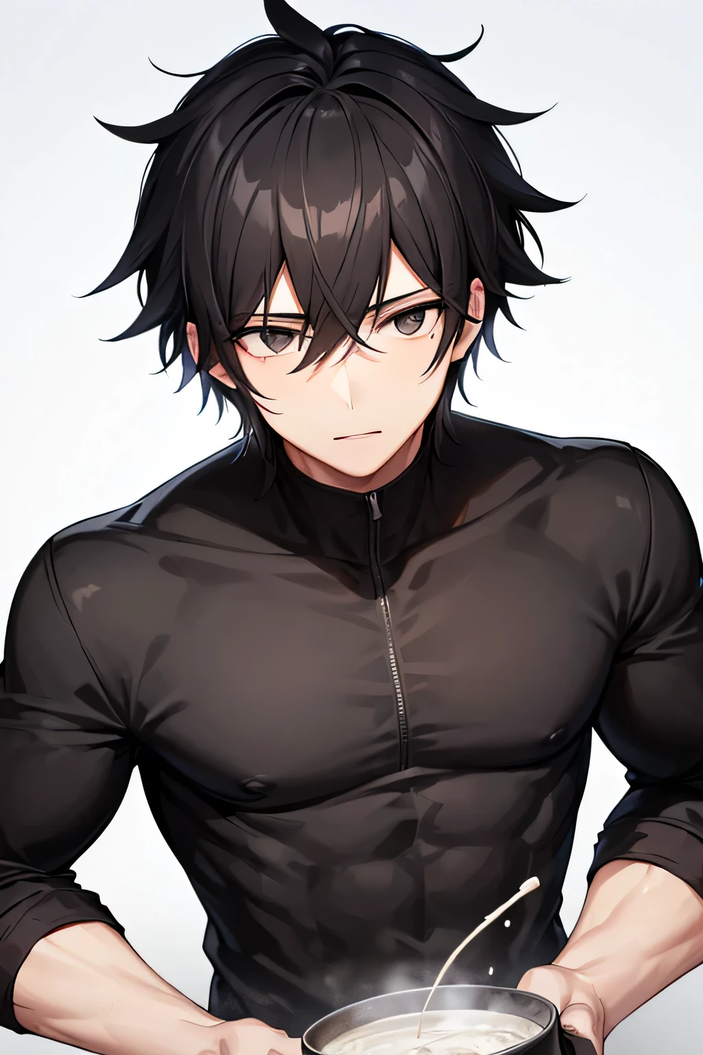 Male, black hair, mashed hair, black eyes, black clothes, white background