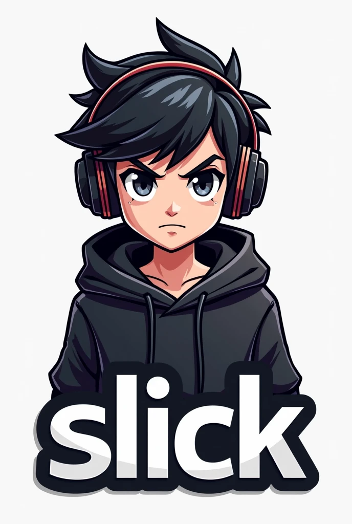 Create a logo of a gamer boy wearing headphones and a black hoodie, e abaixo dele, write in blank "slick"with black hair