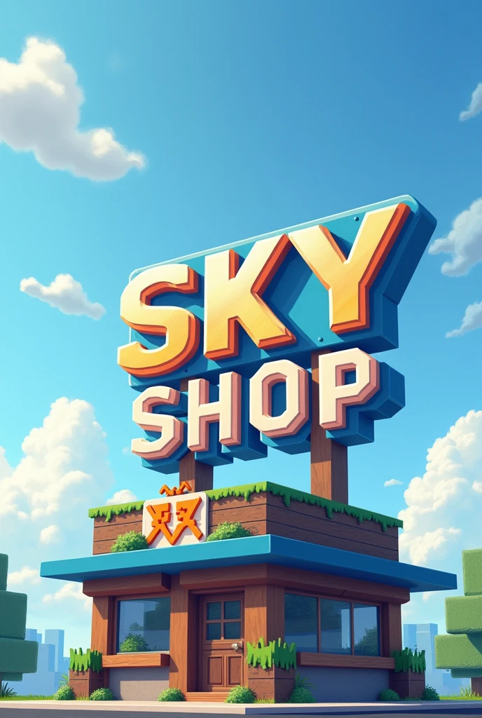 Il doit y avoir marqué en gros Sky Shop . En arrière plan un ciel claire avec peu de nuage . En dessous de l'écriture,il doit y avoir un magasin qui a pour logo une épée Minecraft Orange et une pioche Minecraft Orange qui se croisent